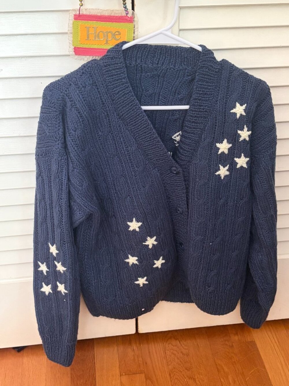 Navy Blue Cable Knit Sweater with White Star Embellishments (Handmade from Etsy)